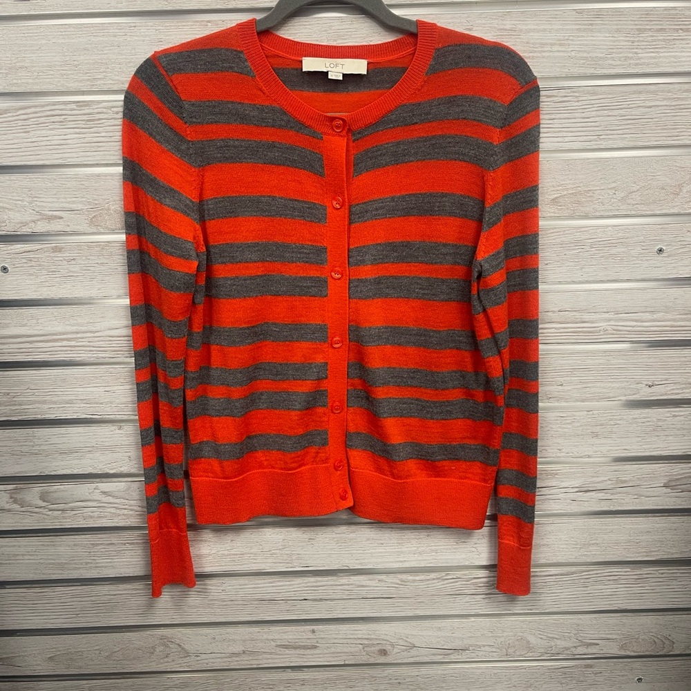 LOFT Women's Striped Red and Gray Cardigan